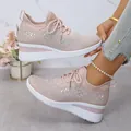 Pink rhinestone platform sneakers with breathable mesh and inner heightening sole. - 36 / Pink