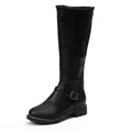 Close-up of black knee-high knight boots with buckle detail and flat block heel - Black