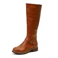 A detailed view of brown faux leather knee-high riding boots with decorative buckle strap - Yellow Brown