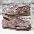 Stylish glittery pink slip-on loafers featuring rhinestone toe and thick platform sole - Pink