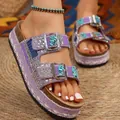 Stunning bohemian platform sandals with purple rhinestones, cork sole and rope detail - 36 / Purple