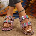Stylish bohemian platform sandals featuring colorful rhinestone buckles and woven rope soles - 36 / Red