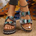Womens bohemian platform sandals with turquoise stones and sparkling rhinestone buckles - 36 / Black