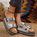 Fashionable bohemian wedge platform slippers decorated with rhinestones and turquoise accents. - 36 / White