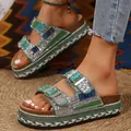 Bohemian platform sandals with sparkling rhinestones and cork soles in green finish. - Dark Green