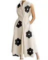 Summer sleeveless V-neck midi dress with black floral print and button details - XS / Dresses / Apricot with Black Flowers