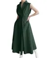Elegant dark green sleeveless V-neck maxi dress with button detail and a flattering waist tie. - XS / Dresses / Army Green