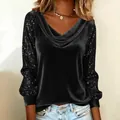 Elegant black velvet cowl neck top featuring sparkly sequined long sleeves detail - S / Tops / Black