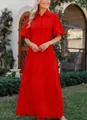 Robe longue rouge élégante avec col polo, broderie anglaise délicate et manches bouffantes. - S / Robes / Rouge