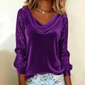 Elegant purple velvet cowl neck top featuring sparkling sequined long sleeves for party - S / Tops / Purple