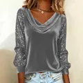Detailed view of grey velvet cowl neck top with shimmering sequin patchwork sleeves - Gray