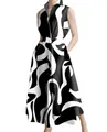 Summer sleeveless V-neck dress with black and white wavy abstract print and button detail - XS / Dresses / Black+White