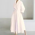 Elegant white long sleeve polo collar shirt dress with elastic waist and big swing skirt - S / Dresses / White