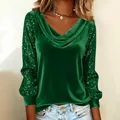 Fashionable green velvet cowl neck top featuring shimmering sequin-spliced long sleeves - Green
