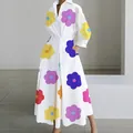 Elegant long-sleeved white POLO collar maxi dress featuring a vibrant multi-color floral print - S / Dresses / Flower