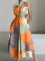 Summer V-neck sleeveless maxi dress featuring an abstract orange and grey circle print - XS / Dresses / Orange, Grey and Beige Print