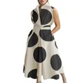 Sleeveless V-neck midi dress with black polka dots and a stylish fishtail hem for summer - XS / Dresses / Apricot Large Black Dots