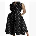 Sleeveless black V-neck dress with white star print and flared skirt - XS / Dresses / Black with Small White Flowers