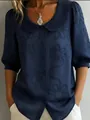Close-up detail of navy blue blouse with tonal floral embroidery and Peter Pan collar - S / Tops / Navy Blue