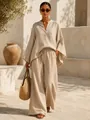 Full body shot of loose beige linen lounge set featuring oversized top and trousers - 3XL / Top And Bottom / Khaki