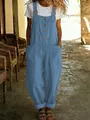Detailansicht der blauen Baumwoll-Leinen-Latzhose mit Vintage-Knöpfen und großen Taschen - Saphirblau