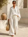 Elegant white linen loose V-neck shirt and wide-leg trousers set for summer vacation - 3XL / Top And Bottom / White