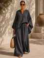 Élégant ensemble décontracté femme chemise ample col V et pantalon large gris foncé - Gris foncé