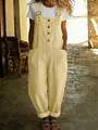 Detailansicht der Vintage Baumwolle Leinen Latzhose mit Knöpfen und großen Taschen für Damen - S / Latzhose / Hellgelb