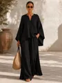 Ensemble deux pièces élégant en lin noir avec haut à col en V et pantalon large - Noir