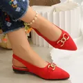 Elegant red suede pointed-toe slingback flats with gold horsebit buckle for summer. - 35 / Red