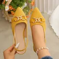 Elegant vintage yellow suede slingback flat sandals with decorative gold horsebit chain - 35 / Yellow