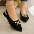 Black suede pointed toe slingback flats with gold horsebit chain detail for summer - 35 / Black