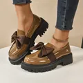 Stylish olive brown patent leather loafers for women featuring big bows and platform soles - 35 / Khaki