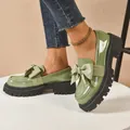Stylish green patent leather platform loafers featuring elegant bow details for women - 35 / Army Green