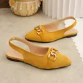 Vintage yellow suede pointed-toe slingback flat sandals featuring a gold chain buckle - 35 / Yellow