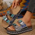Boho style women's platform cork slippers with sparkling rhinestone double buckles and turquoise - 36 / Black