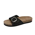 Retro black leopard print slide sandal with thick cork sole and large silver buckle - 35 / Black