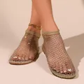 Women's sparkling rhinestone fishnet mesh flat sandals with hollow out design - Gold