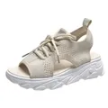 Detailed side view of beige fly-woven sports sandals with thick white platform sole - 35 / Beige