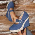 Casual blue denim wedge platform shoes featuring silver buckle and braided jute sole - 36 / Blue