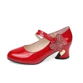 Red patent leather chunky high heels with rhinestone butterfly and heart cutout heel. - 35 / Burgundy