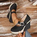 Stylish black denim Mary Jane wedge heels with woven jute platform and buckle. - 36 / Black