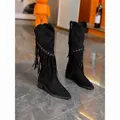Black suede fringe knight boots with pointed toe and side zipper - 35 / Black