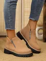 Detailed view of khaki suede ankle boots with side zipper and chunky lug sole. - Pink