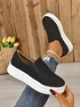 Women's black slip-on platform sneakers with suede-like finish and white thick sole. - 36 / Black