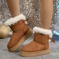 Brown women's winter snow boots with white fur trim and bow detail on thick soles - 36 / Camel