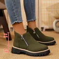 Stylish olive green suede ankle boots featuring a side zipper and thick platform sole - 36 / Army Green