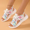 Womens floral pattern flyknit sports sandals with soft cushioning white thick soles - 36 / Floral 15