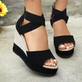Close-up of black suede wedge sandals with elastic crisscross ankle straps and platform sole - 36 / Black