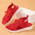 Detailed side view of women's red breathable knit sports sandals with thick white soles - 36 / Red